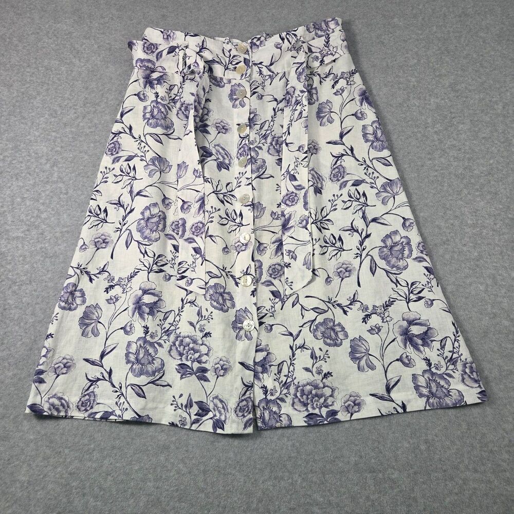 Cynthia Rowley A-Line Linen Floral Midi Skirt White Blue Button Up Size Large